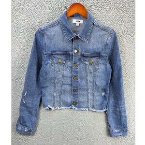 Just Black Denim Cropped Denim Jacket Womens L Blue Art Painted Frayed Raw Hem